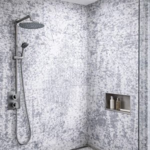 credence Douche moderne avec carrelage gris texturé
