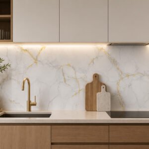 Cuisine moderne avec crédence marbre veines dorées