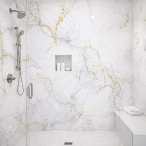Douche moderne en marbre blanc veiné d’or