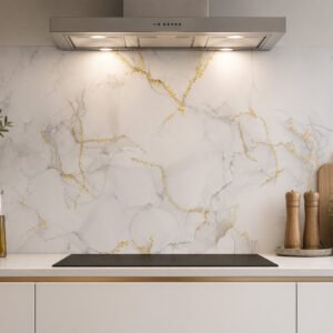Crédence marbre blanc veines dorées cuisine moderne