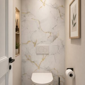 Toilettes modernes avec mur effet marbre doré