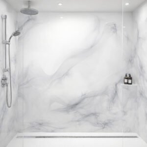Douche moderne en marbre blanc avec paroi vitrée