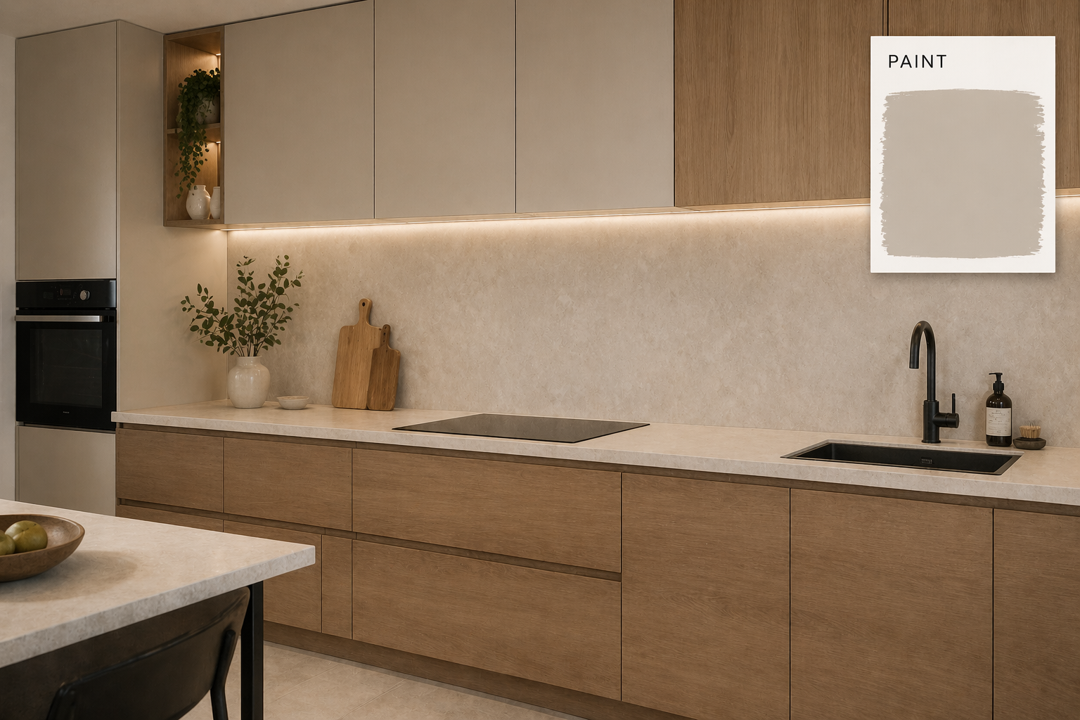 Cuisine moderne beige et bois avec éclairage LED