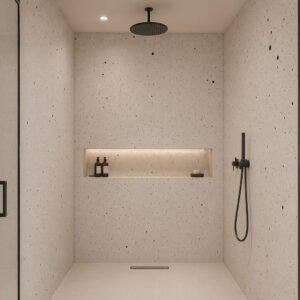 panneau de douche-mouchete-tache-noir-sur-blanc.