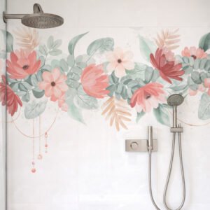 Douche moderne avec fresque florale rose et verte