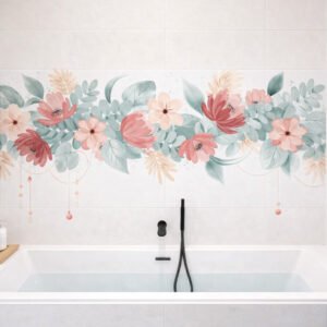 Baignoire moderne sous fresque florale pastel