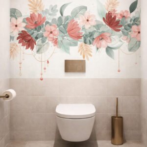 Toilettes modernes avec fresque florale pastel murale