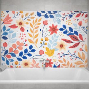 Baignoire moderne devant mur à motifs floraux colorés