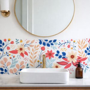 Lavabo moderne avec fresque florale colorée murale