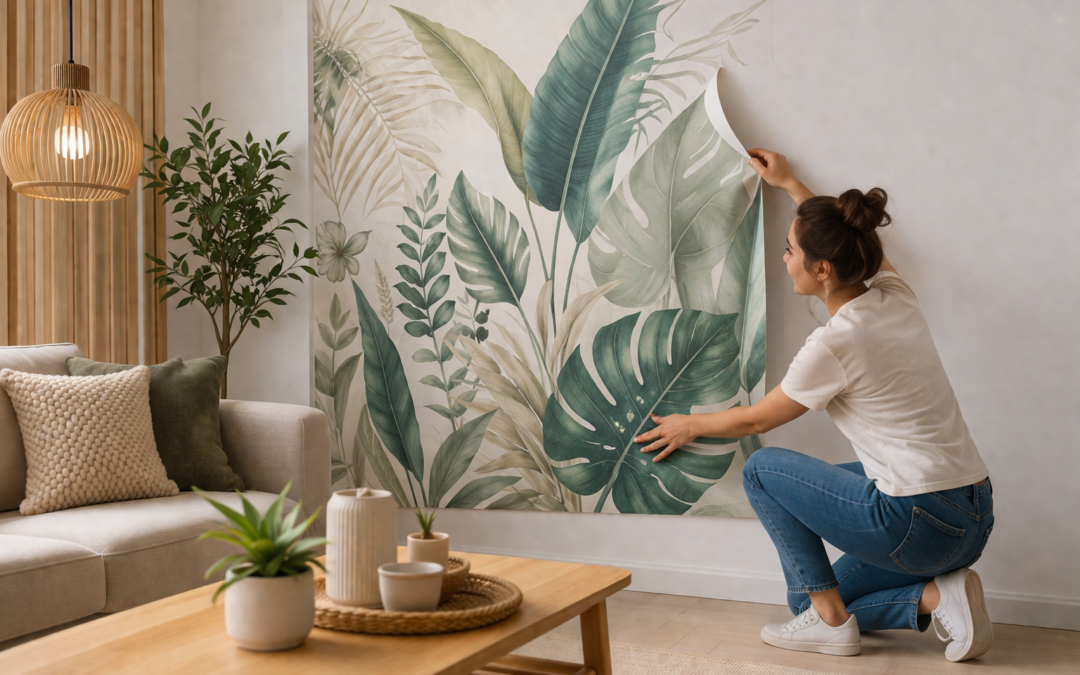 Femme posant papier peint tropical dans salon