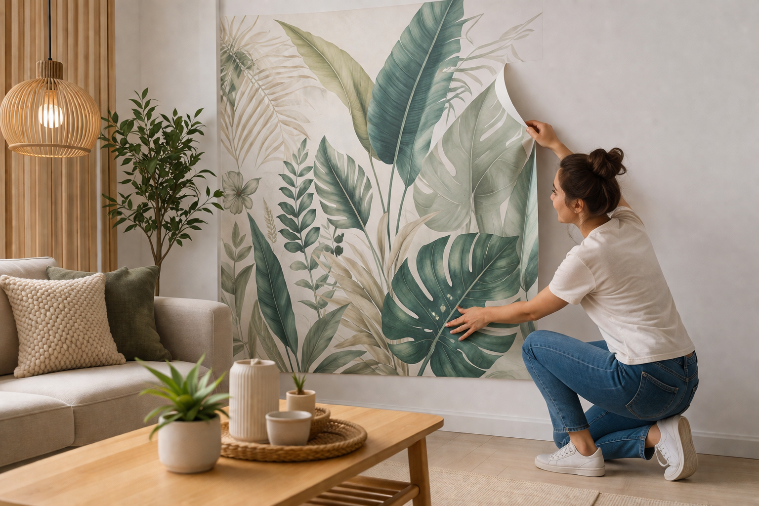 Femme posant papier peint tropical dans salon