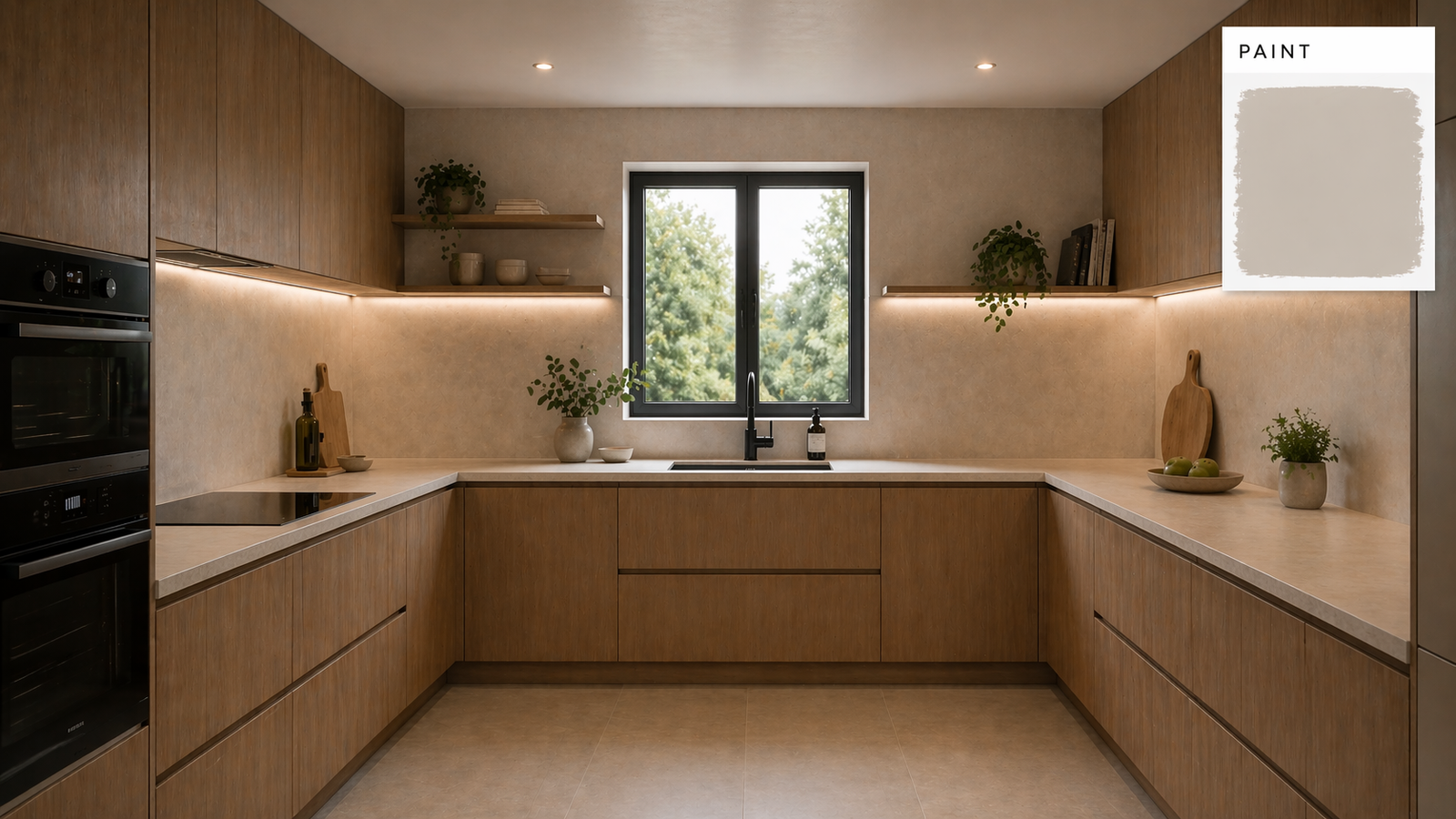 Cuisine moderne en bois avec fenêtre centrale