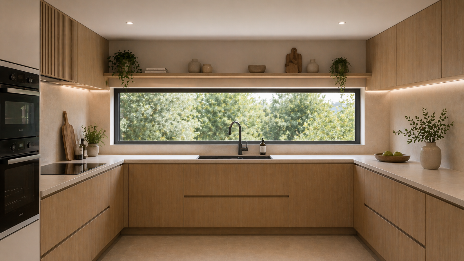 Cuisine moderne en bois avec grande fenêtre panoramique