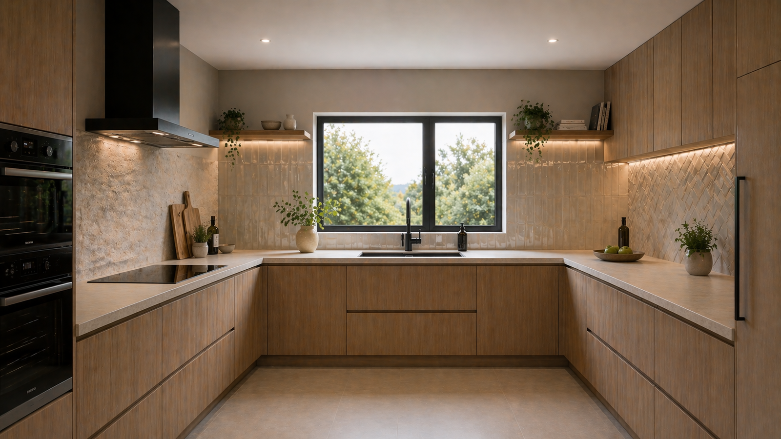 Cuisine moderne en bois avec fenêtre centrale