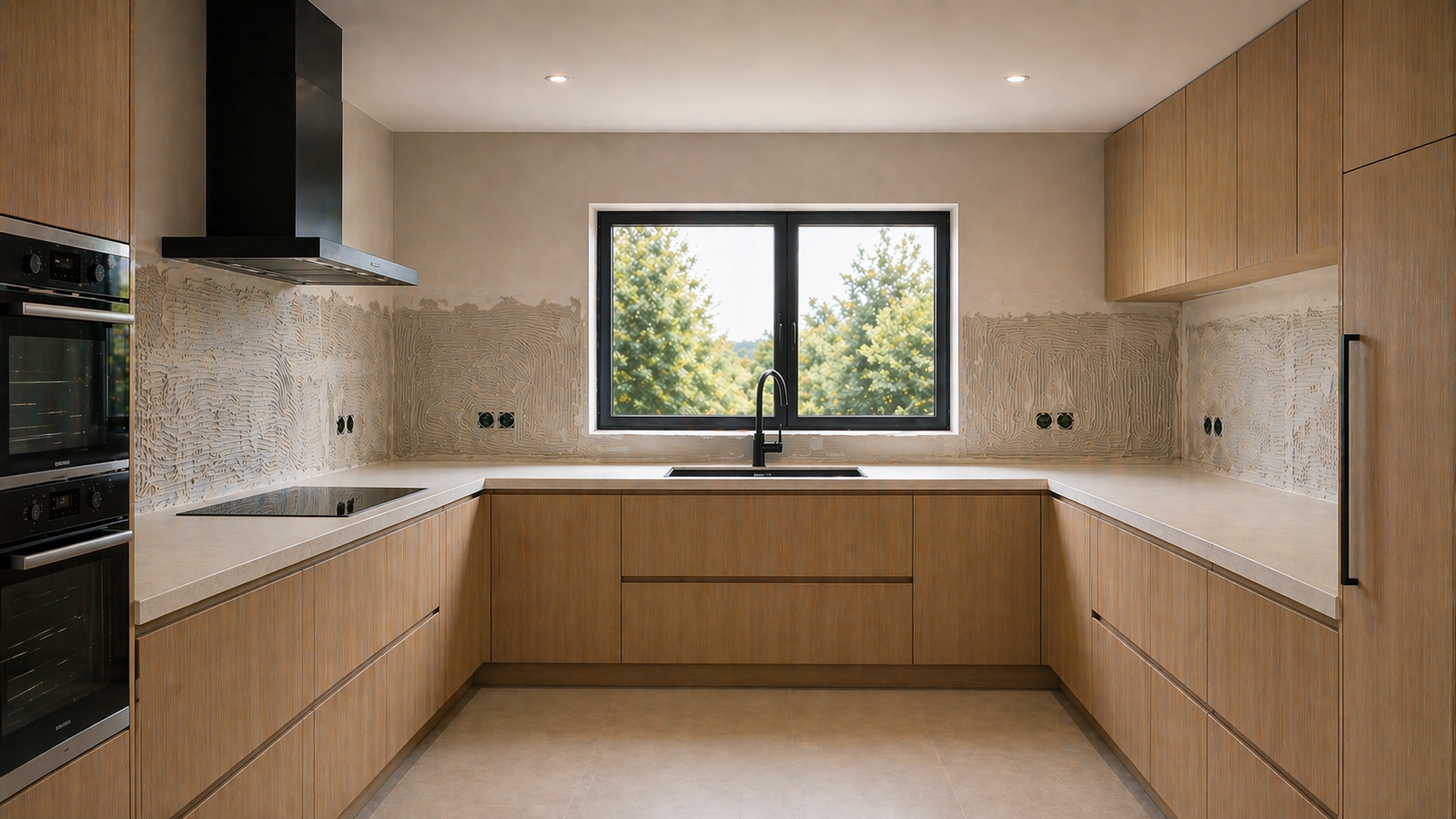 Cuisine moderne en U avec fenêtre centrale