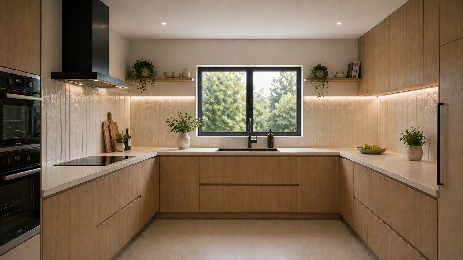 Cuisine moderne en bois avec grande fenêtre centrale