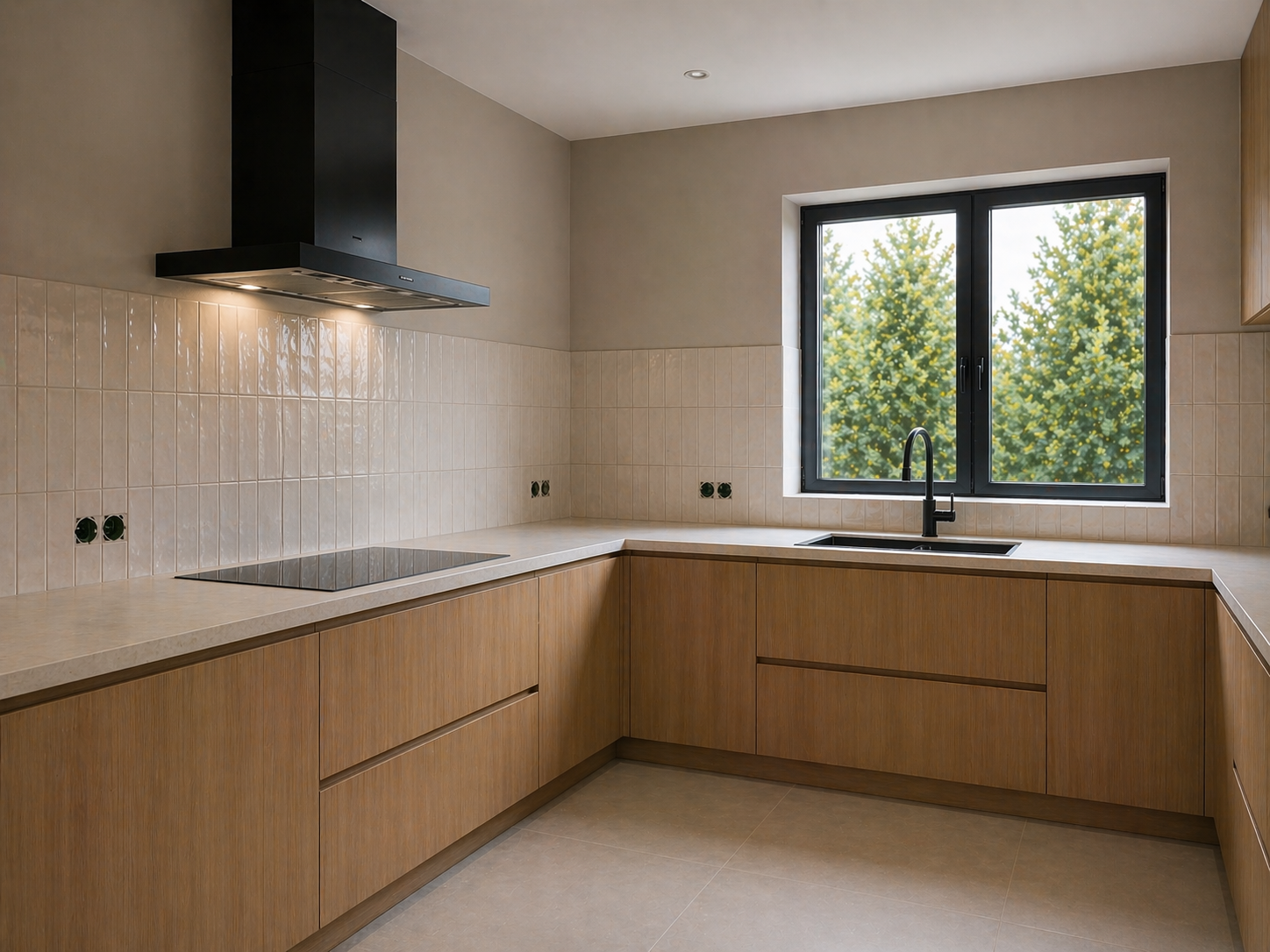 Cuisine moderne en bois avec grande fenêtre