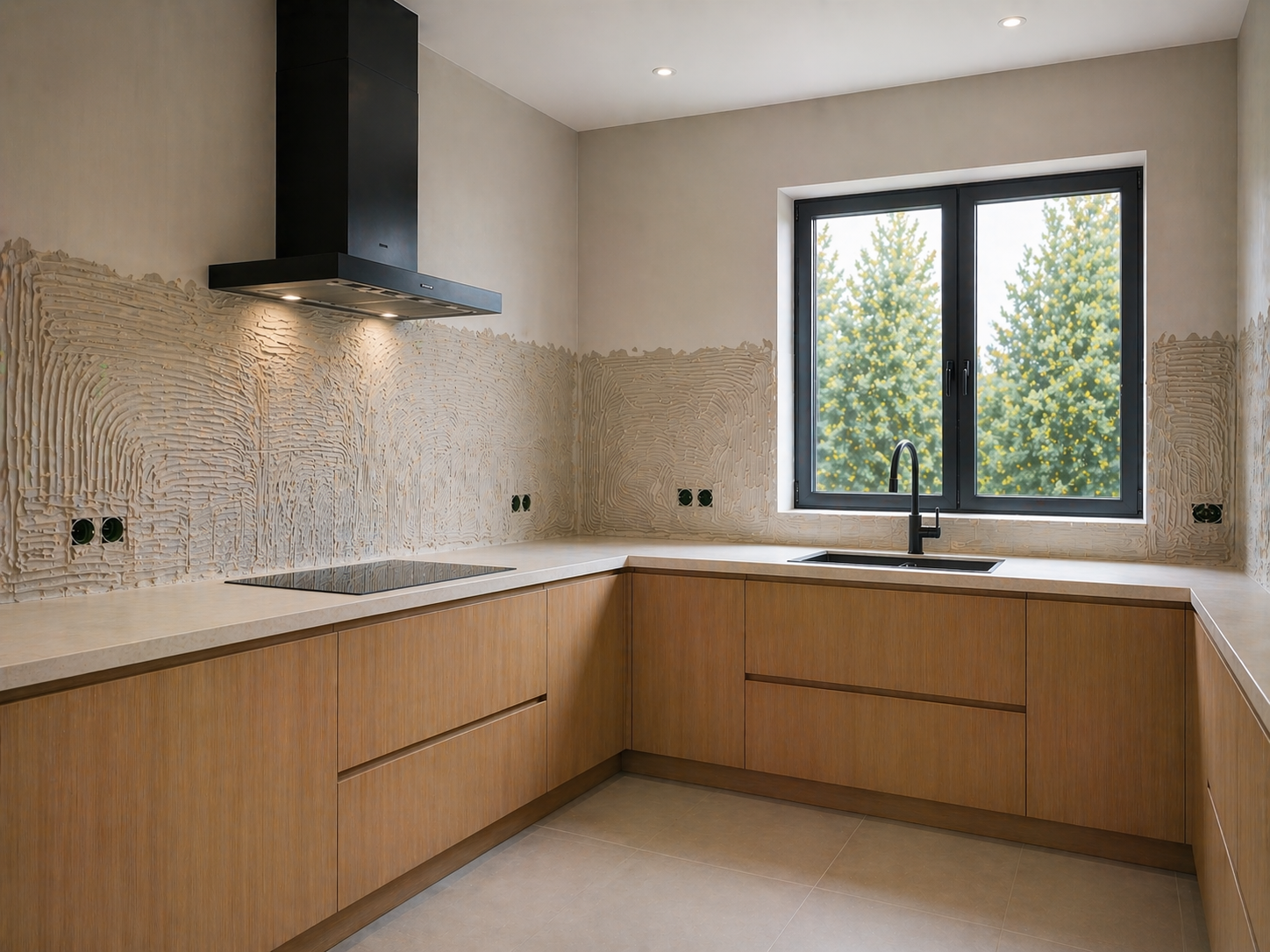 Cuisine moderne en rénovation avec crédence inachevée