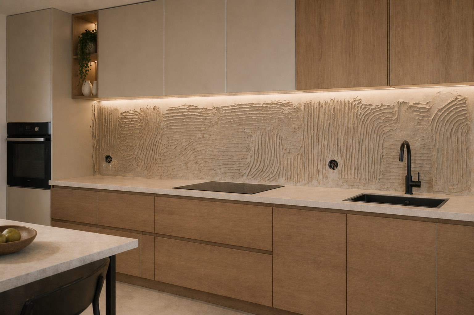 Cuisine moderne avec crédence murale texturée en plâtre