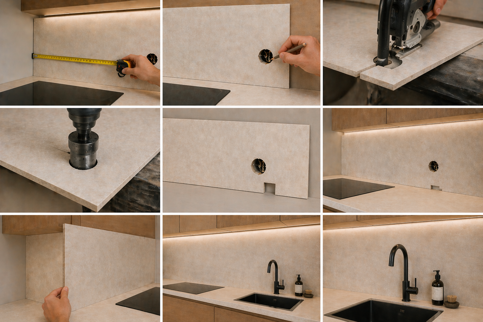 Installation crédence cuisine avec découpes et perçages