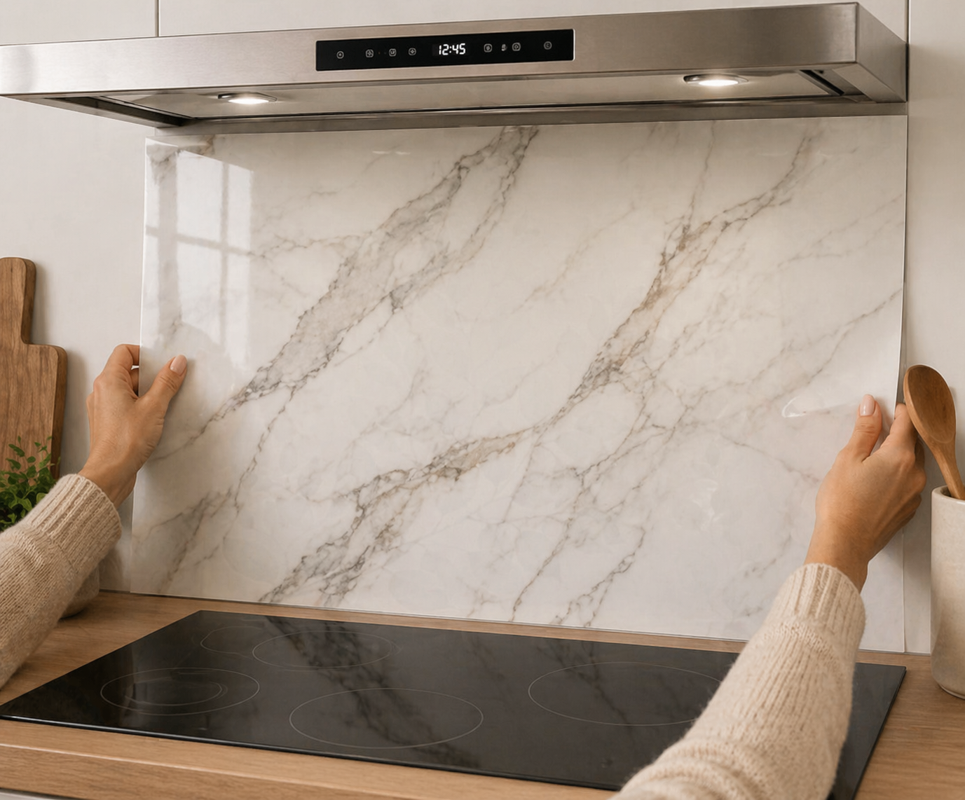 Installation d'une crédence effet marbre cuisine moderne