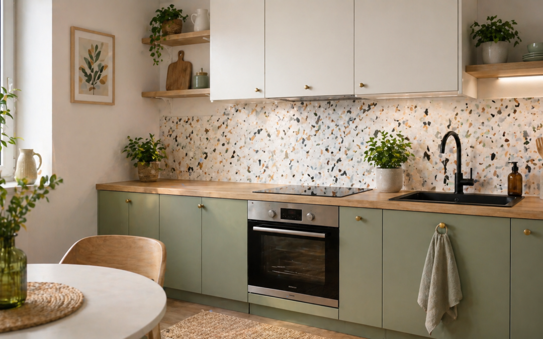 Cuisine moderne vert sauge avec crédence terrazzo