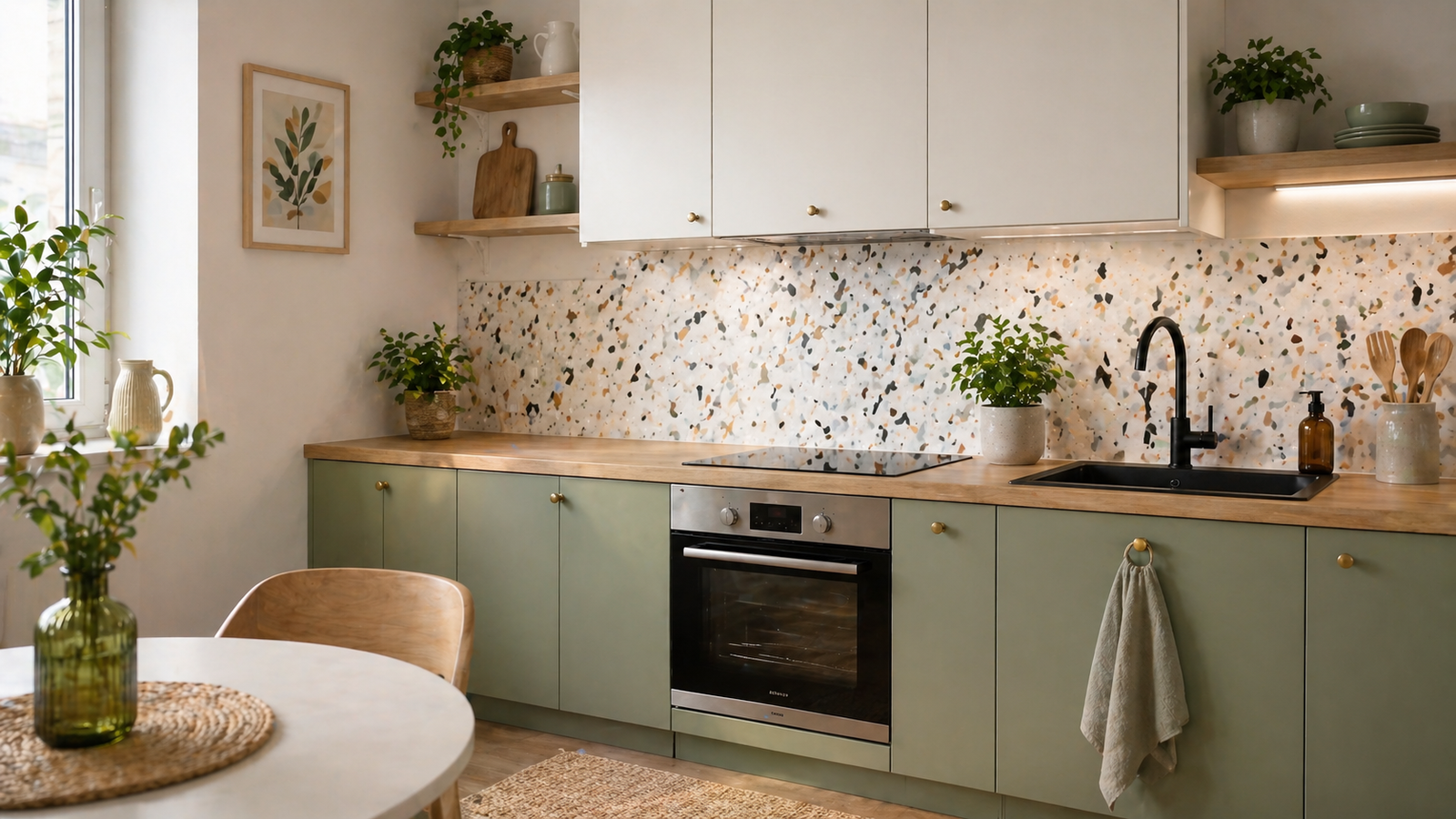 Cuisine moderne vert sauge avec crédence terrazzo