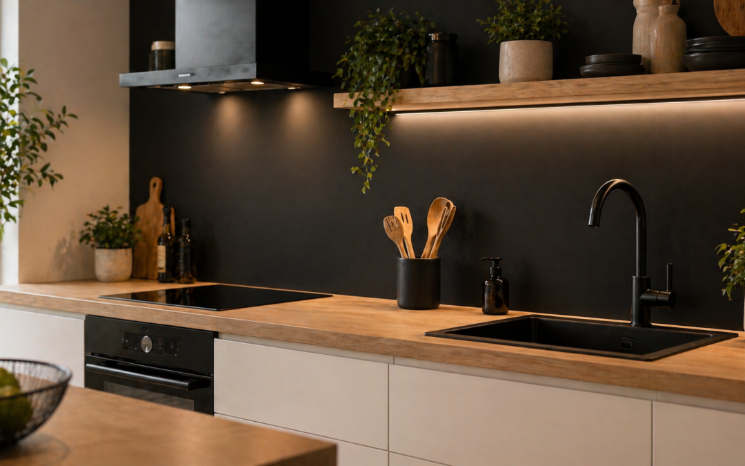 Cuisine moderne noire et bois avec plantes