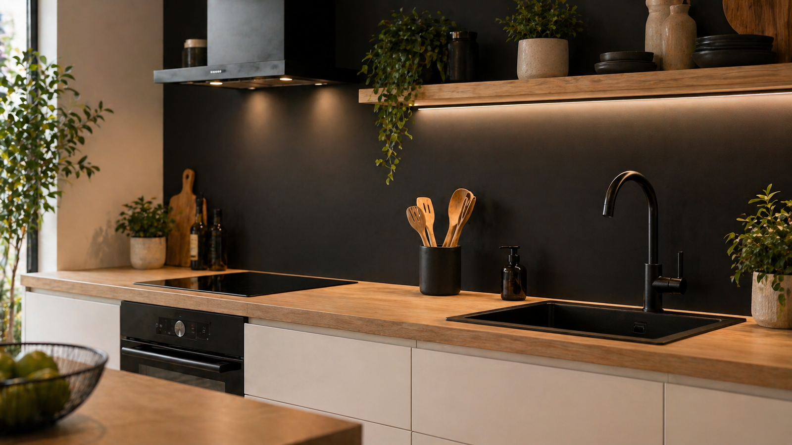Cuisine moderne noire et bois avec plantes