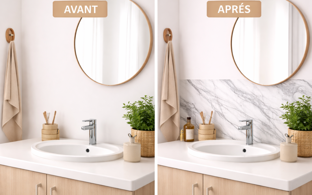 Avant/après rénovation d’un lavabo avec crédence marbre