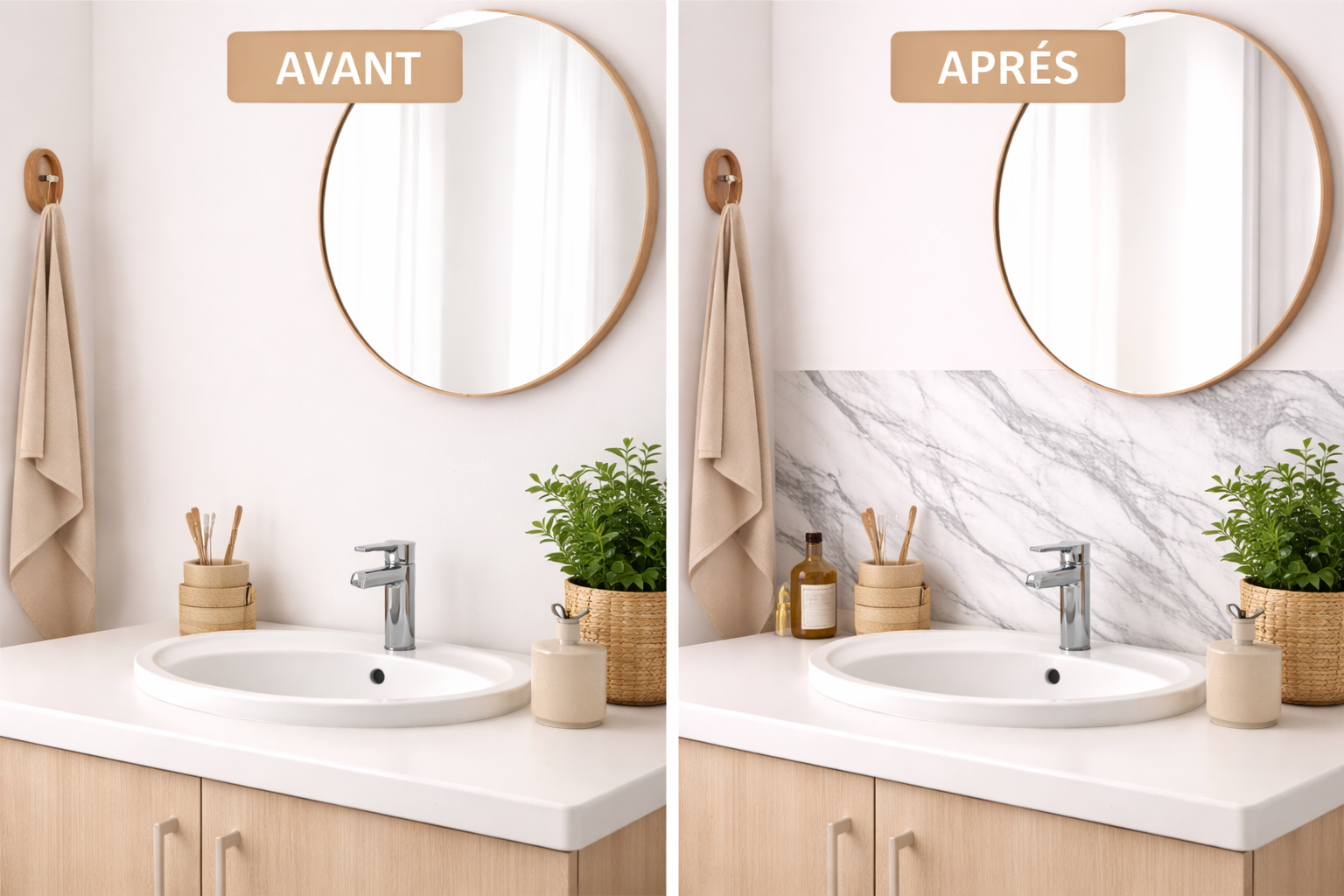 Avant/après rénovation d’un lavabo avec crédence marbre