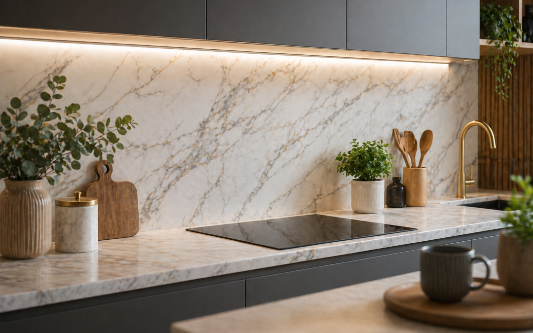 Cuisine moderne avec crédence en marbre et plaques induction