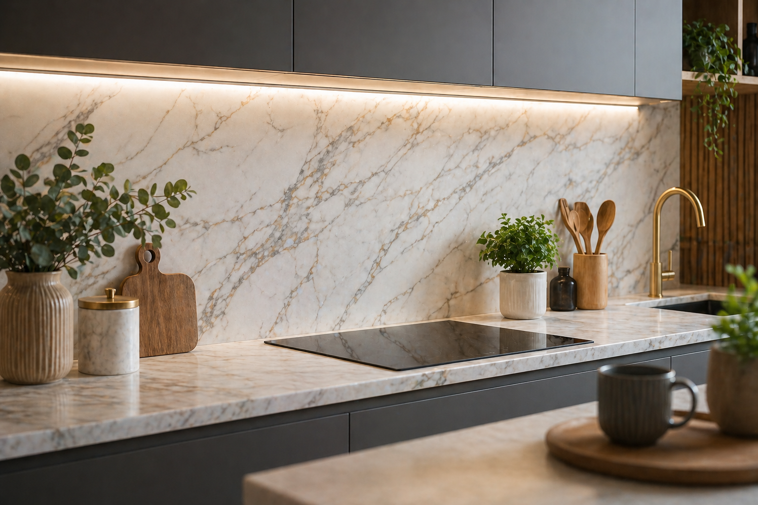Cuisine moderne avec crédence en marbre et plaques induction