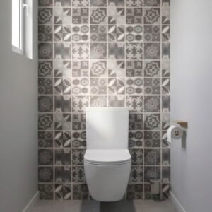 Toilettes modernes avec carrelage mural à motifs gris