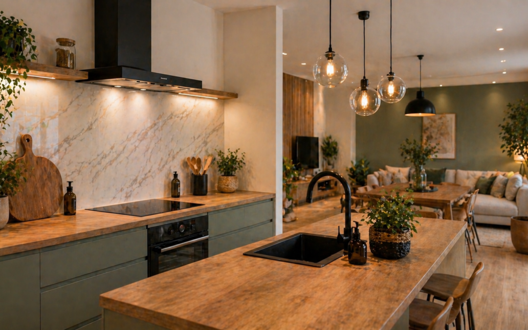 Cuisine moderne ouverte avec îlot en bois