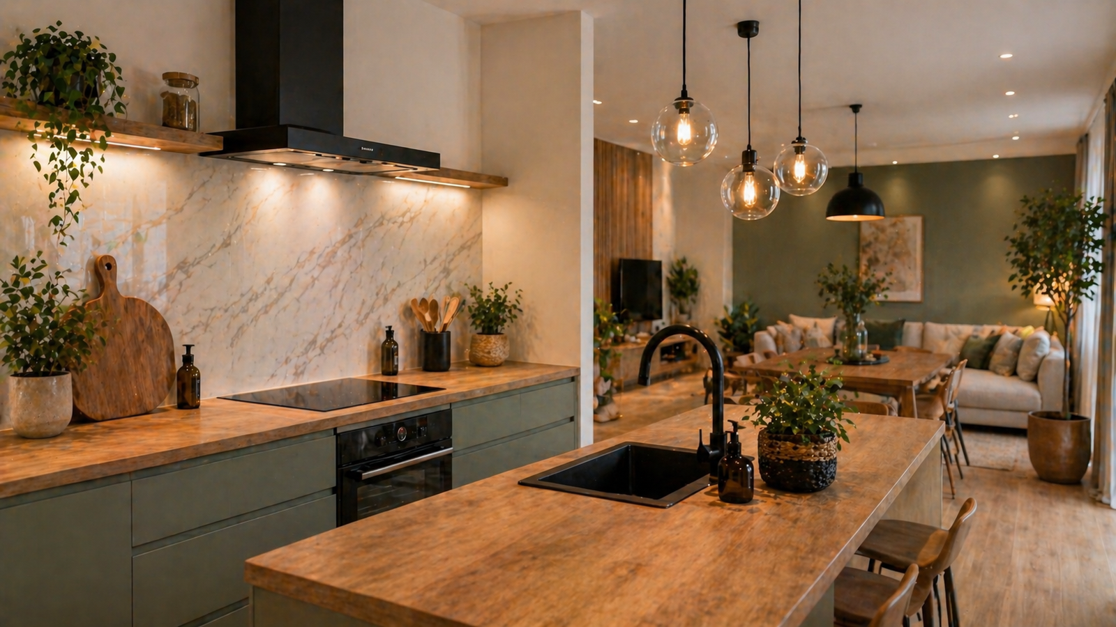 Cuisine moderne ouverte avec îlot en bois