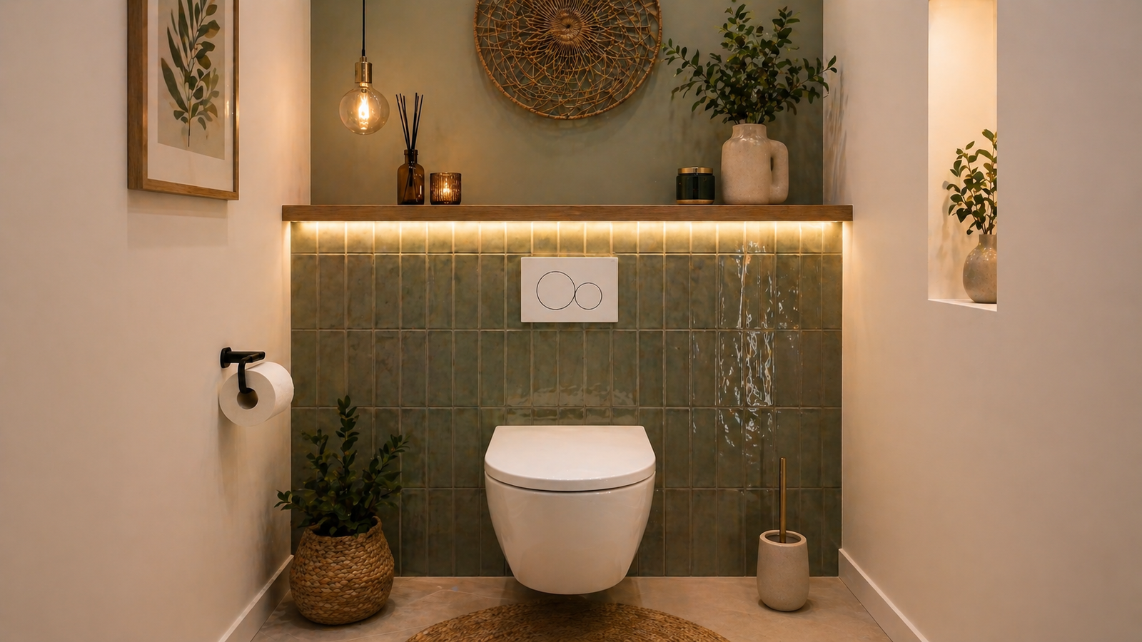 Toilettes modernes suspendues avec vredence vert et plantes
