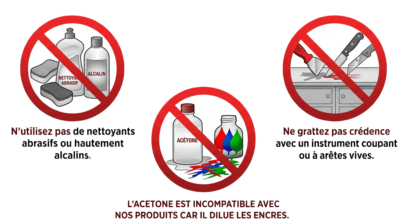 Pictogrammes d’interdiction produits abrasifs, acétone, outils coupants