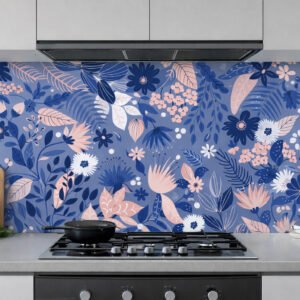 Crédence de cuisine florale bleue moderne