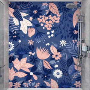 Douche moderne avec mur floral bleu et rose