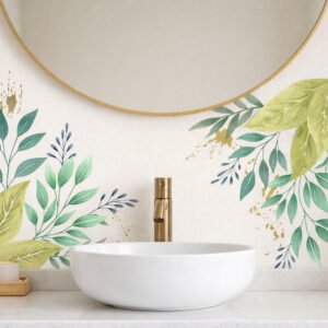 Lavabo moderne avec décor mural végétal