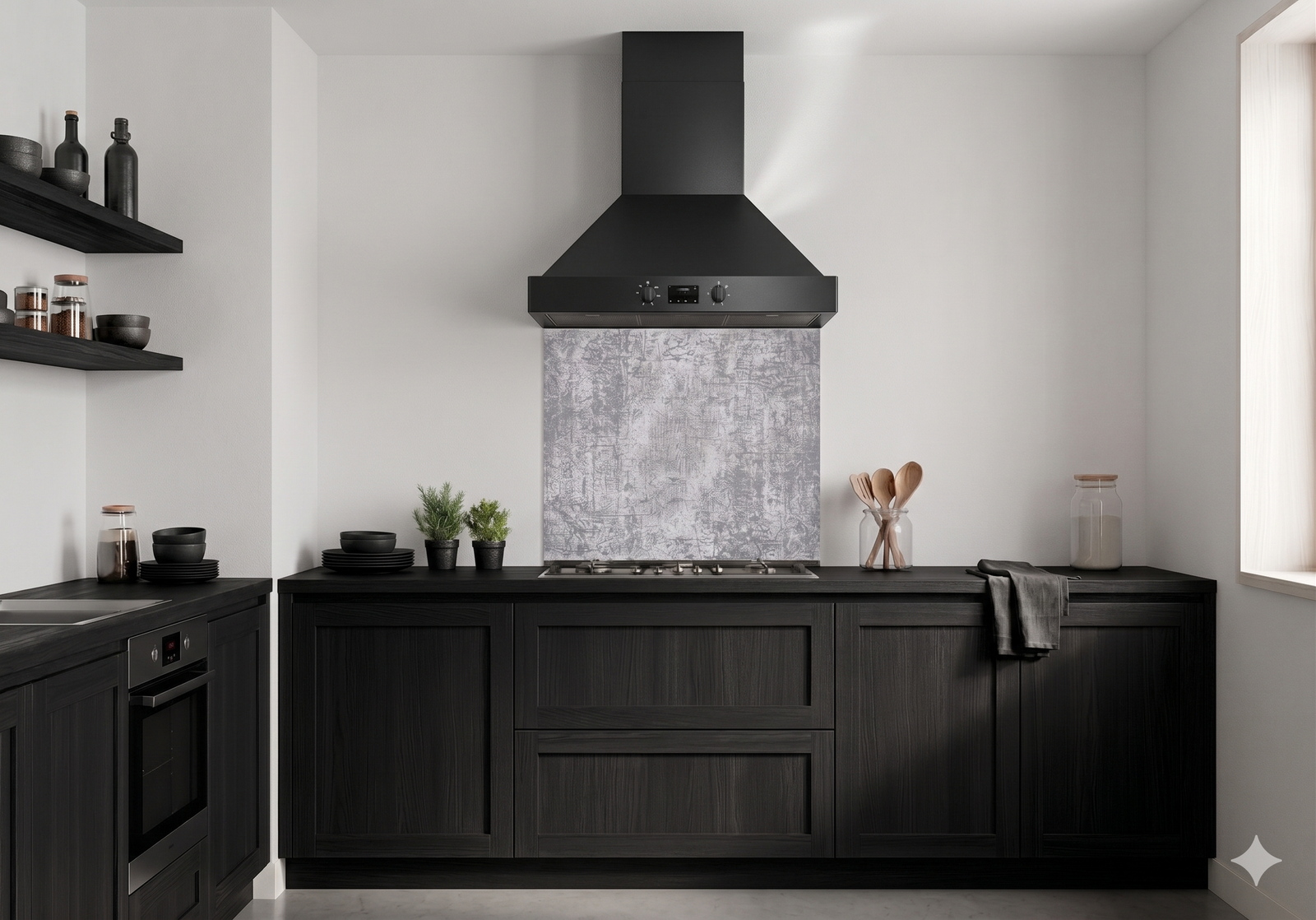 Cuisine moderne noire avec hotte et étagères