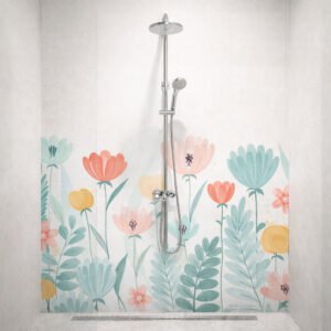 Douche moderne avec carrelage mural floral pastel