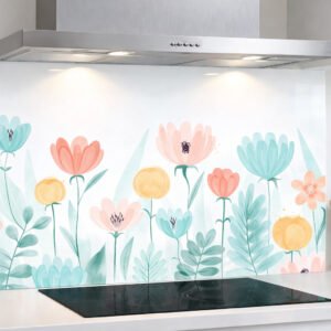 Crédence de cuisine décorée de fleurs pastel