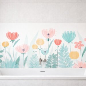 Fresque florale pastel au-dessus d'une baignoire moderne