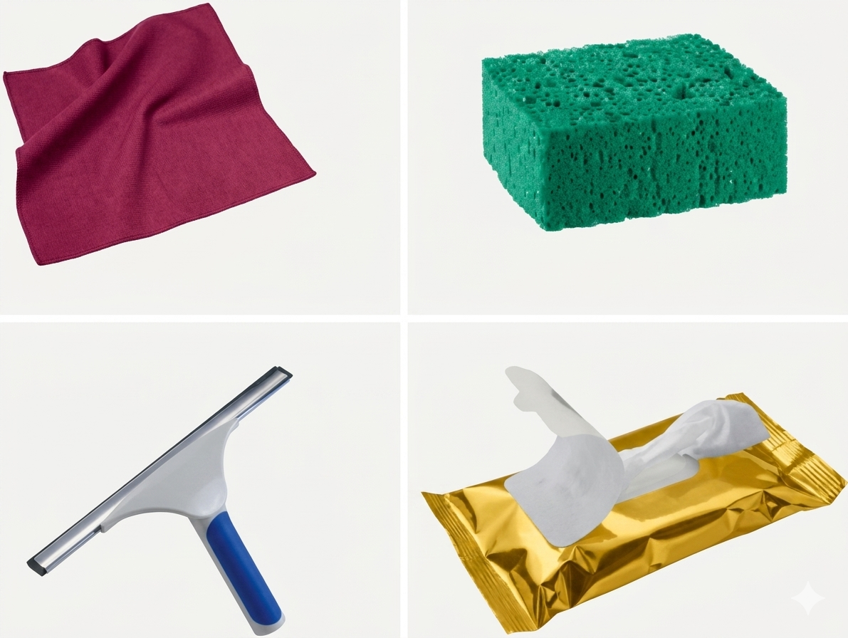 Produits de nettoyage : chiffon, éponge, raclette, lingettes