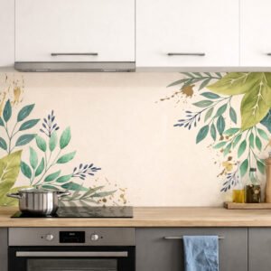 Crédence cuisine motif feuilles vertes modernes