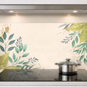 Crédence cuisine motif feuilles vertes et casserole inox