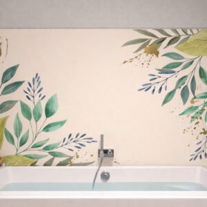 Baignoire moderne devant fresque murale végétale