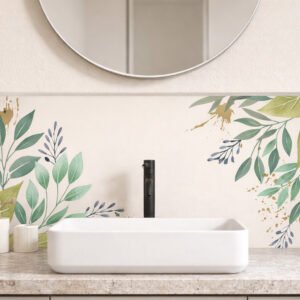 Lavabo moderne avec décoration murale végétale